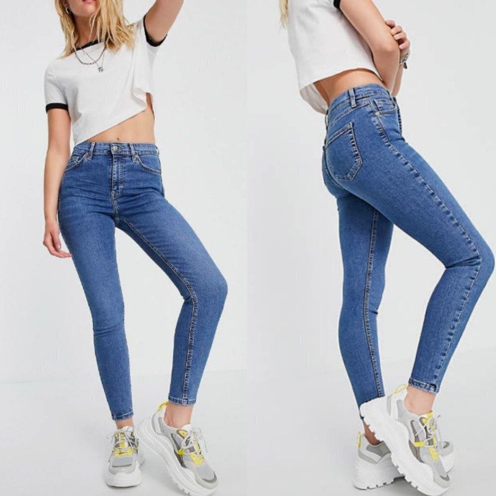 🦋 TOPSHOP Jamie Moto High Rise Waisted Jeans 26 Casual Skinny Medium Wash